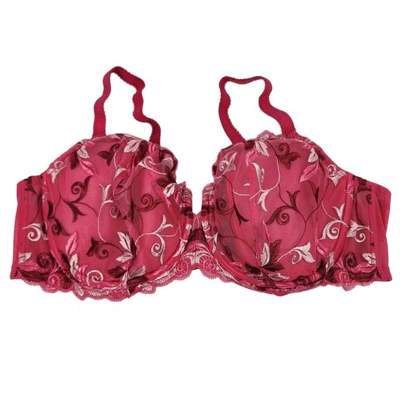 Soma Red Pink Floral Embroidered Underwire Full Coverage Balconette Bra Size 42D - Picture 1 of 4